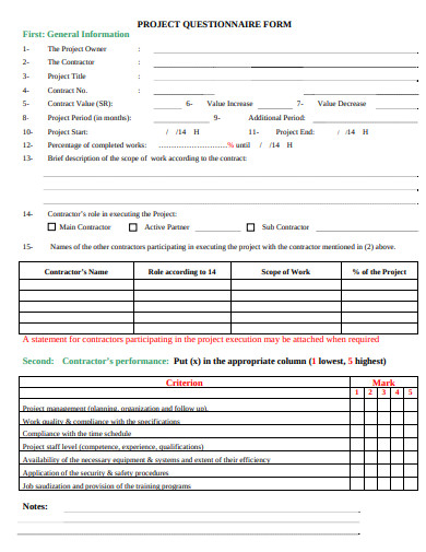 project questionnaire form template