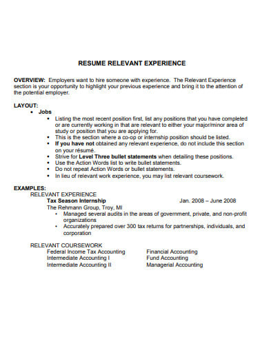 relevant work experience template