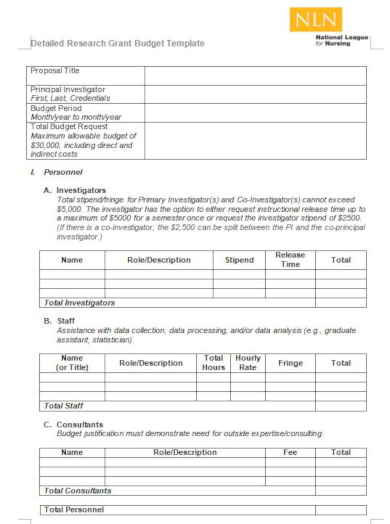 nln research grant budget template