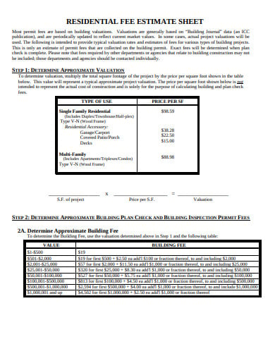 residential fee estimate sheet template