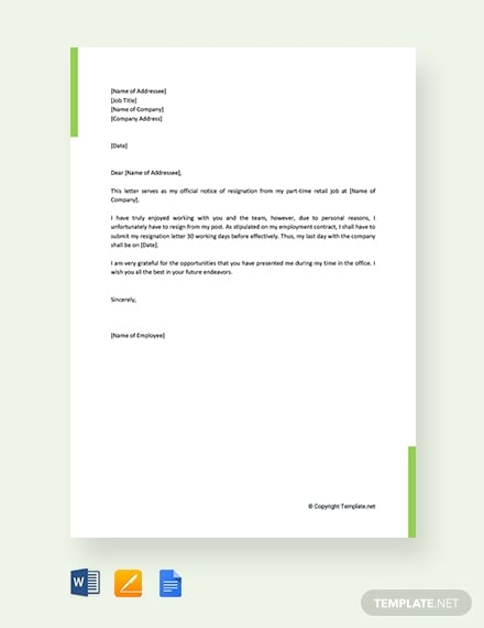 resignation letter for part time retail job
