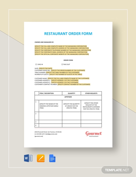 restaurant order form template