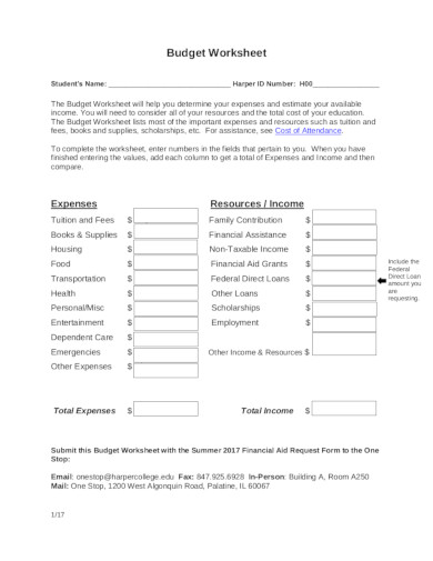 sample college budget worksheet template
