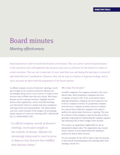 sample company board meeting minutes in pdf