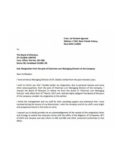 sample company director resignation letter
