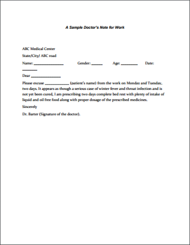 sample doctors note for legal work template