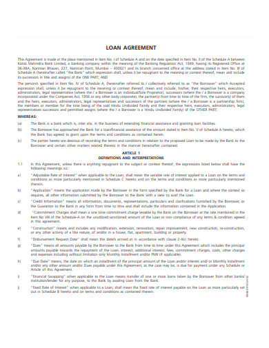 sample loan agreement example format