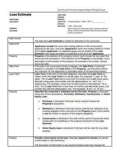 sample loan estimate template