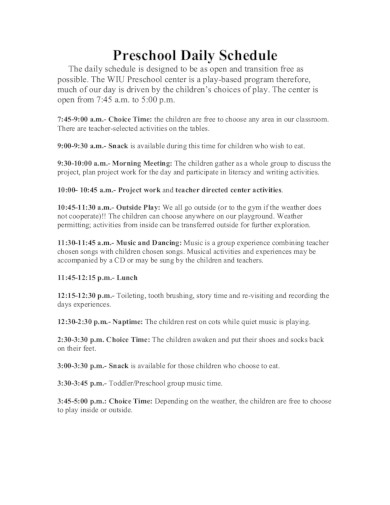 sample preschool daily schedule in pdf