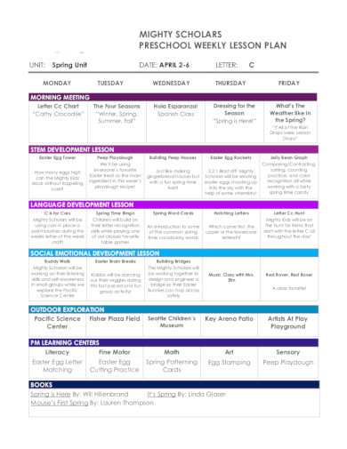sample preschool weekly lesson plan template