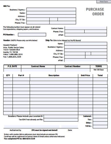 sample purchase order template