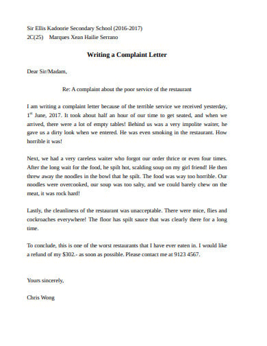 sample restaurant complaint letter