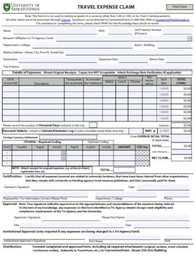 sample travel reimbursement form