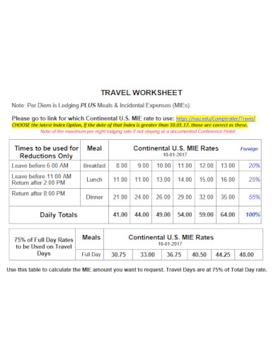 sample travel worksheet template