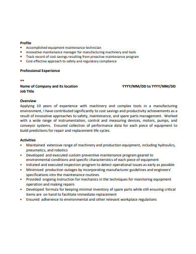 sample work experience resume in pdf