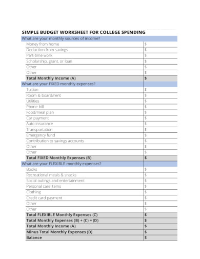 simple budget worksheet for college