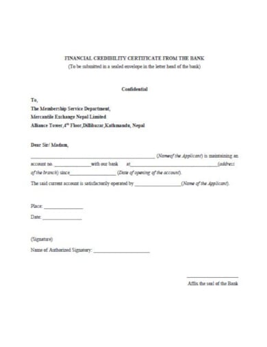 simple financial credibility certificate