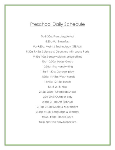 kindergarten daily schedule template google docs