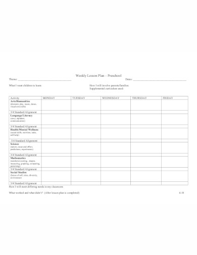 simple preschool weekly lesson plan in pdf