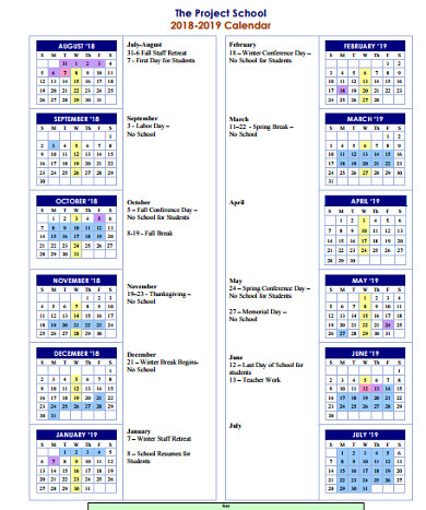 simple project calendar example
