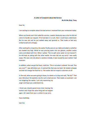 simple restaurant complaint letter template