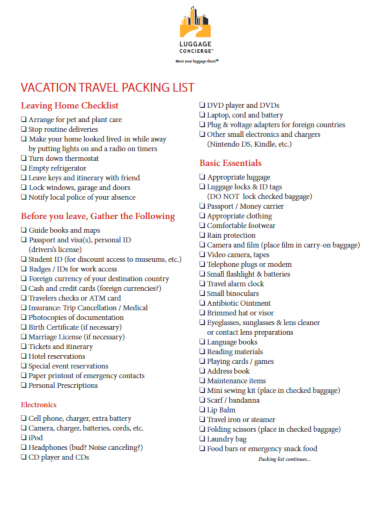 simple vacation travel checklist template
