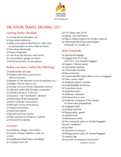 10+ Travel Checklist Templates - Pdf