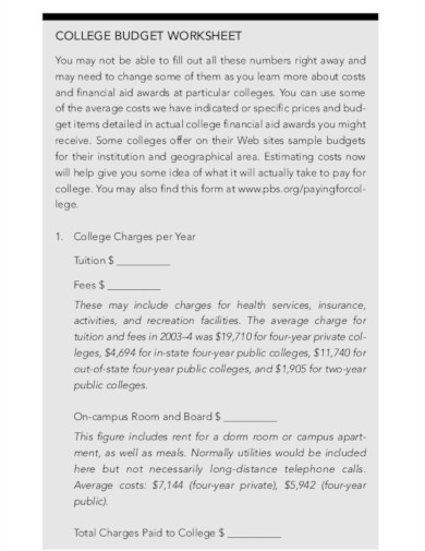 standard college budget worksheet template