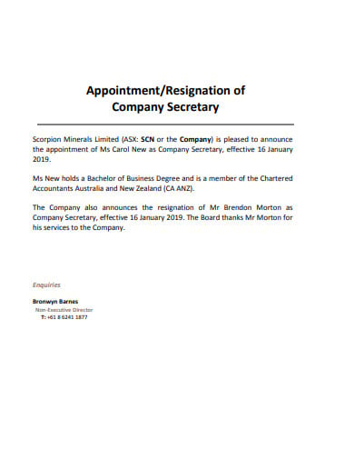 standard company secretary resignation example
