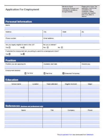 standard job application form template