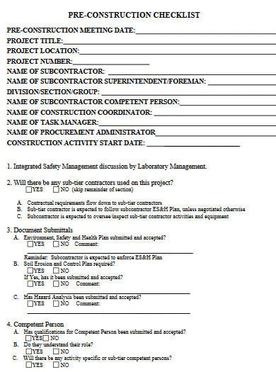 standard pre construction checklist