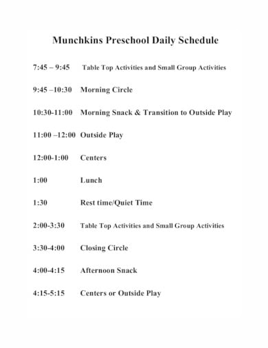 standard preschool daily schedule template