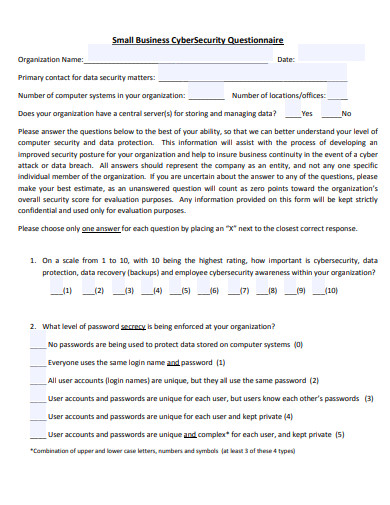 standard small business questionnaire template