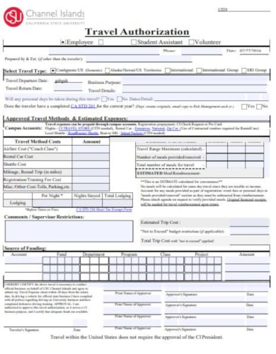 standard travel authorization form