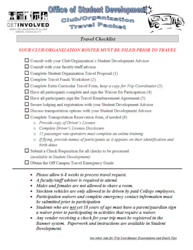 standard travel checklist template