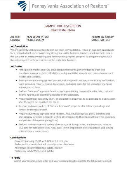 standard real estate intern job description template