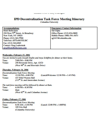 task meeting itinerary example