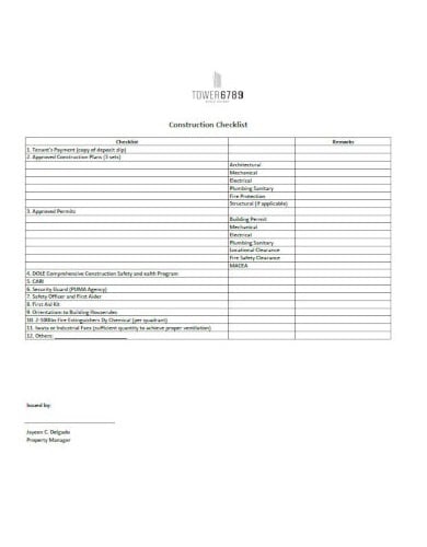 the tower 6789 construction checklist template
