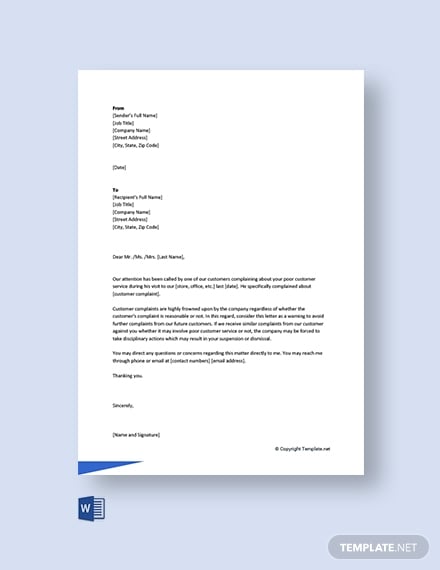 warning letter to employee for customer complaint