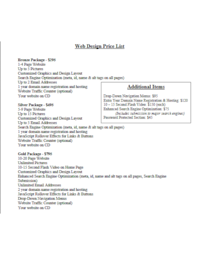 web design price list layout