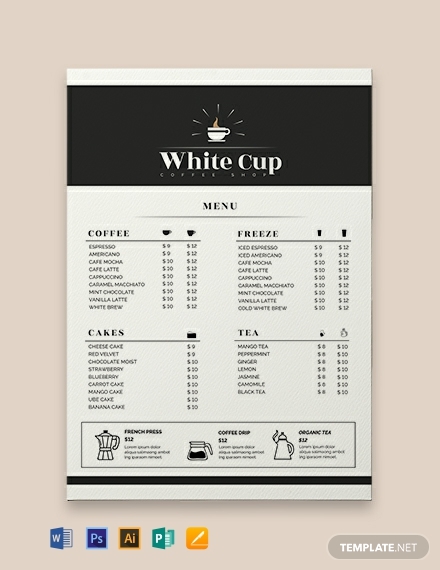 white cup coffee menu layout