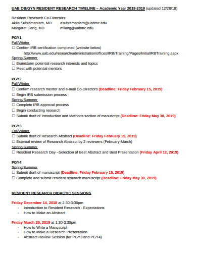 yearly resident research timeline