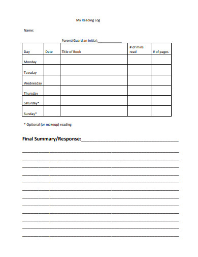 th grade reading log sheet