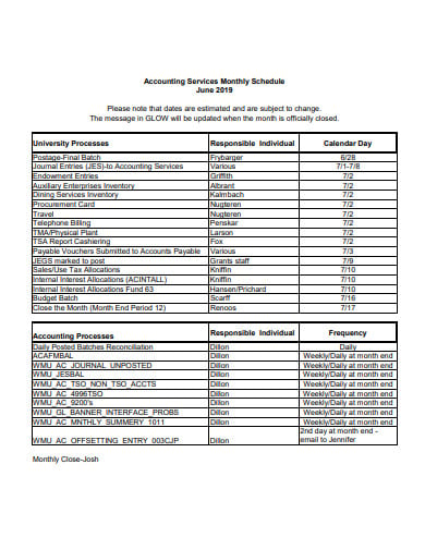 accounting services monthly schedule