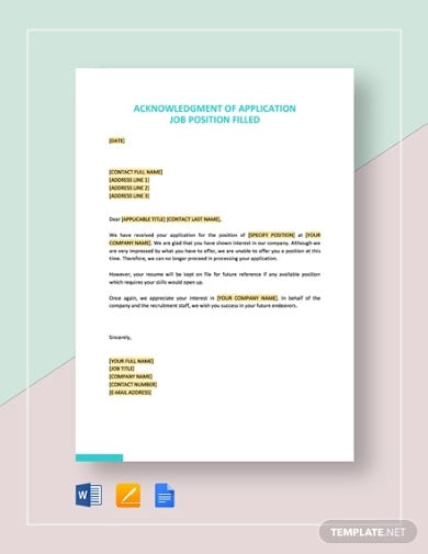 acknowledgment of application job position filled template