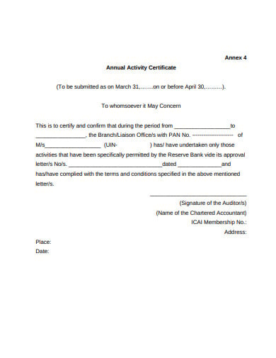 annual activity certificate template