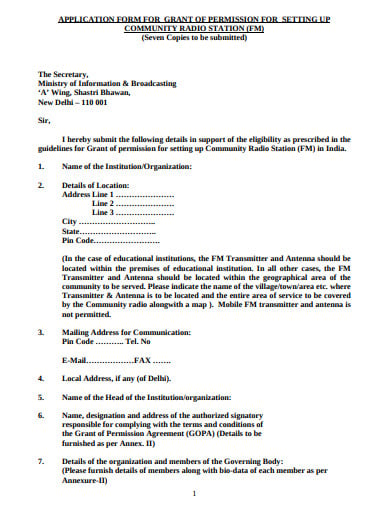 application form for grant of permissions