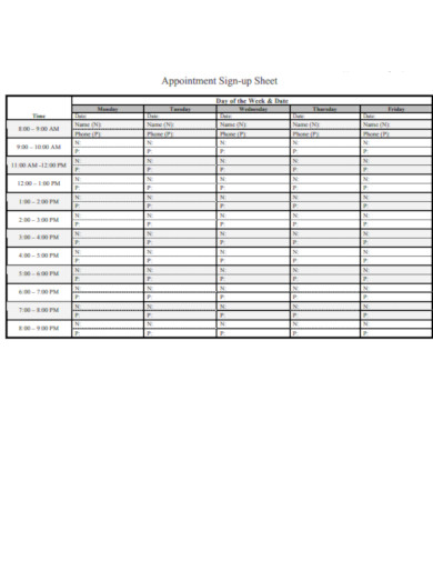 appoitement sign up sheet template