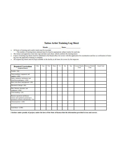 artist training log sheet templates