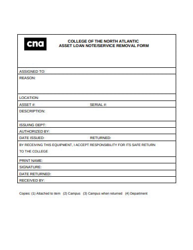 asset loan note service removal form templates